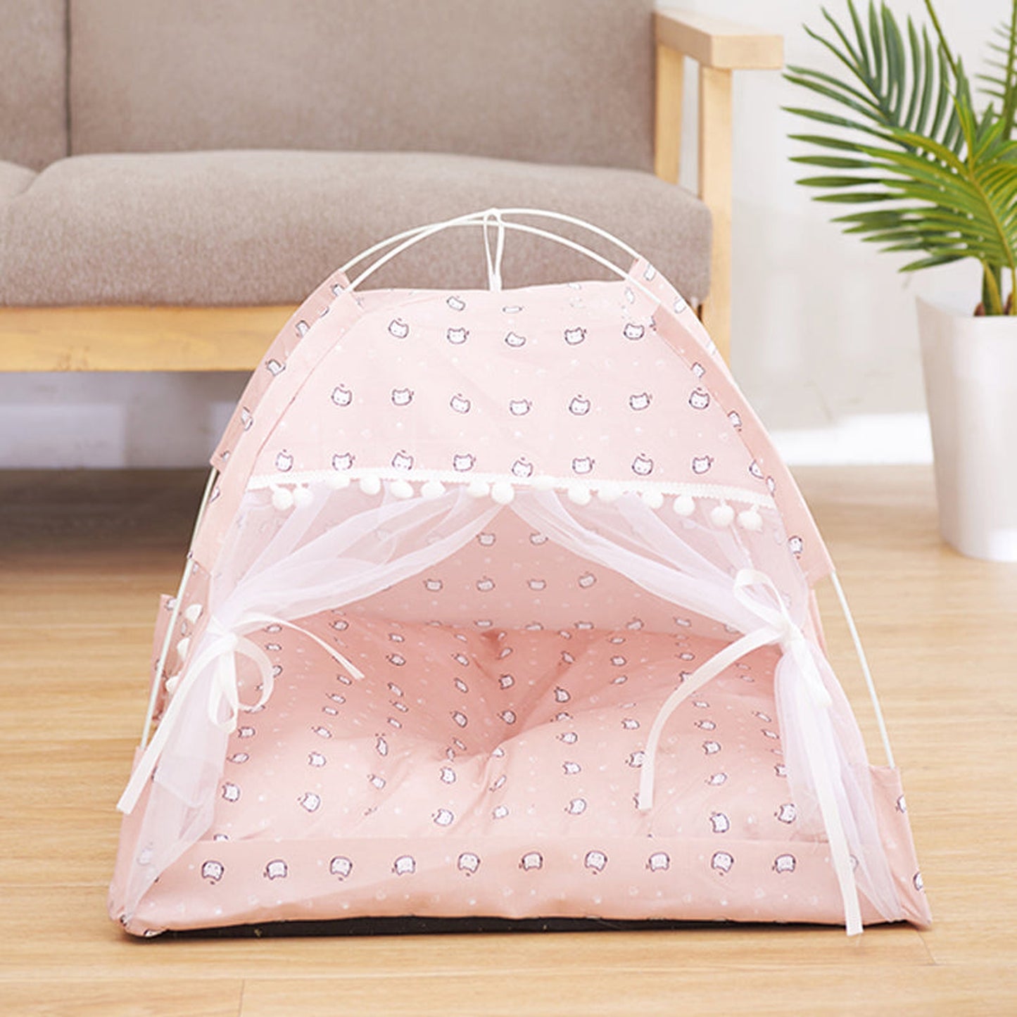 Semi-Enclosed Soft Cloth Dog Bed in Floral and Solid Colors