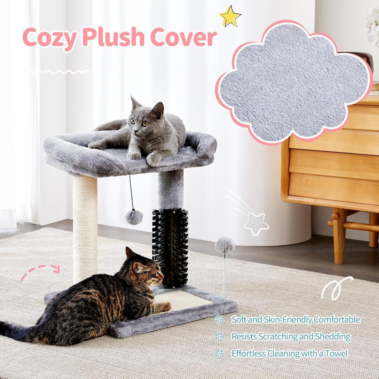 Small 4-in-1 Cat Tree Tower with Sisal Scratching Post and Grooming Brush