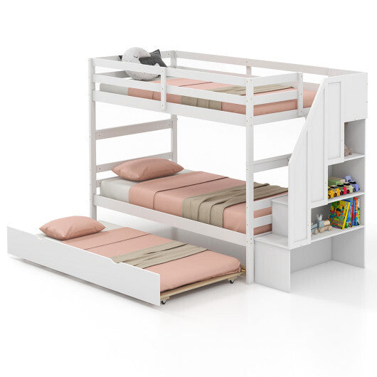 Home Wood Bunk Bed with Guard Rail and 4-step Storage Stairs No Box Spring Needed-White - Color: White