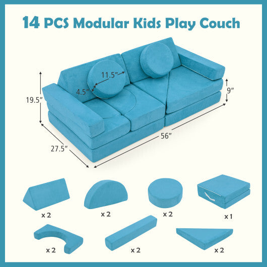 14 PCS Modular Kids Play Couch for Playroom and Bedroom-Blue - Color: Blue