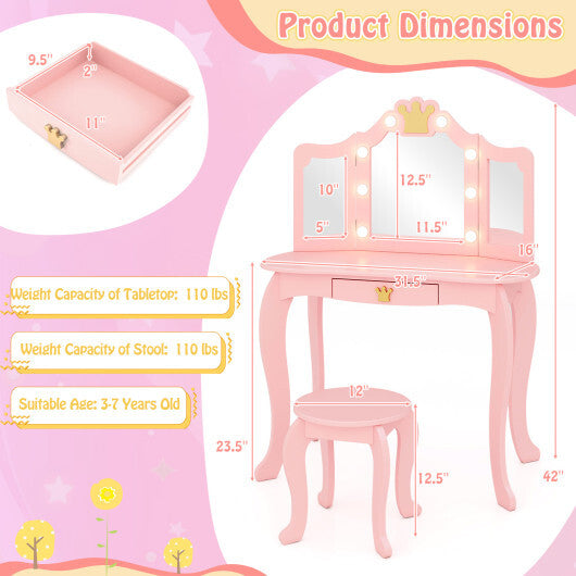 Kids Vanity Set with Tri-fold Lighted Mirror Detachable Top and Stool-Pink - Color: Pink