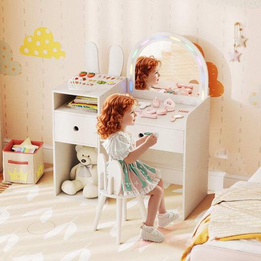 Kids Vanity Desk and Chair Set with Lights Open Shelves-Pink