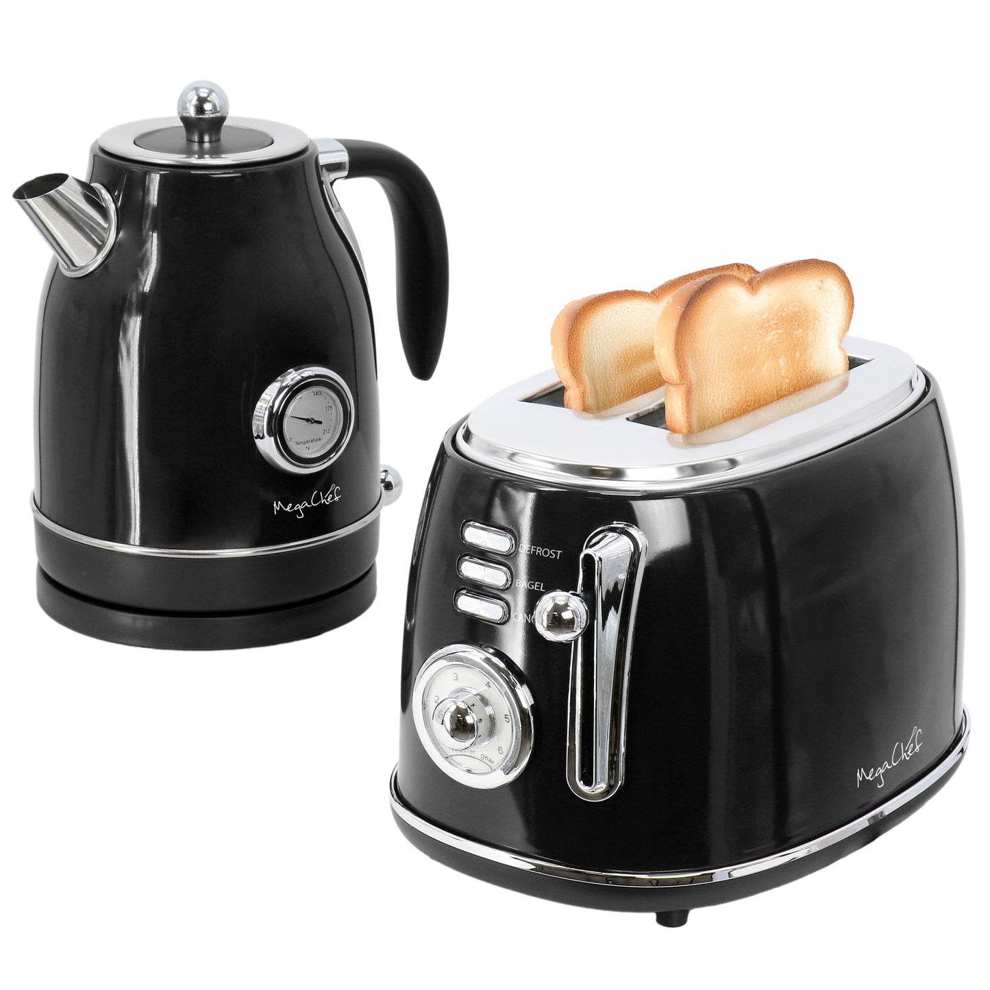 MegaChef 1.8 Quart Electric Tea Kettle and 2 Slice Toaster Combo in Black