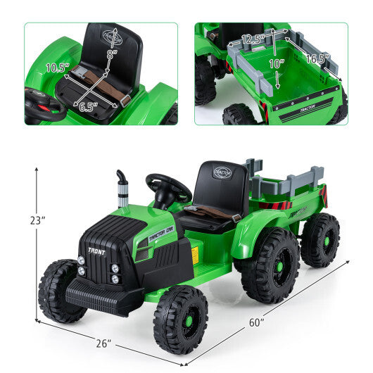 24V Ride On Tractor for Kids Electric Vehicle with Detachable Trailer and Remote Control-Green - Color: Green