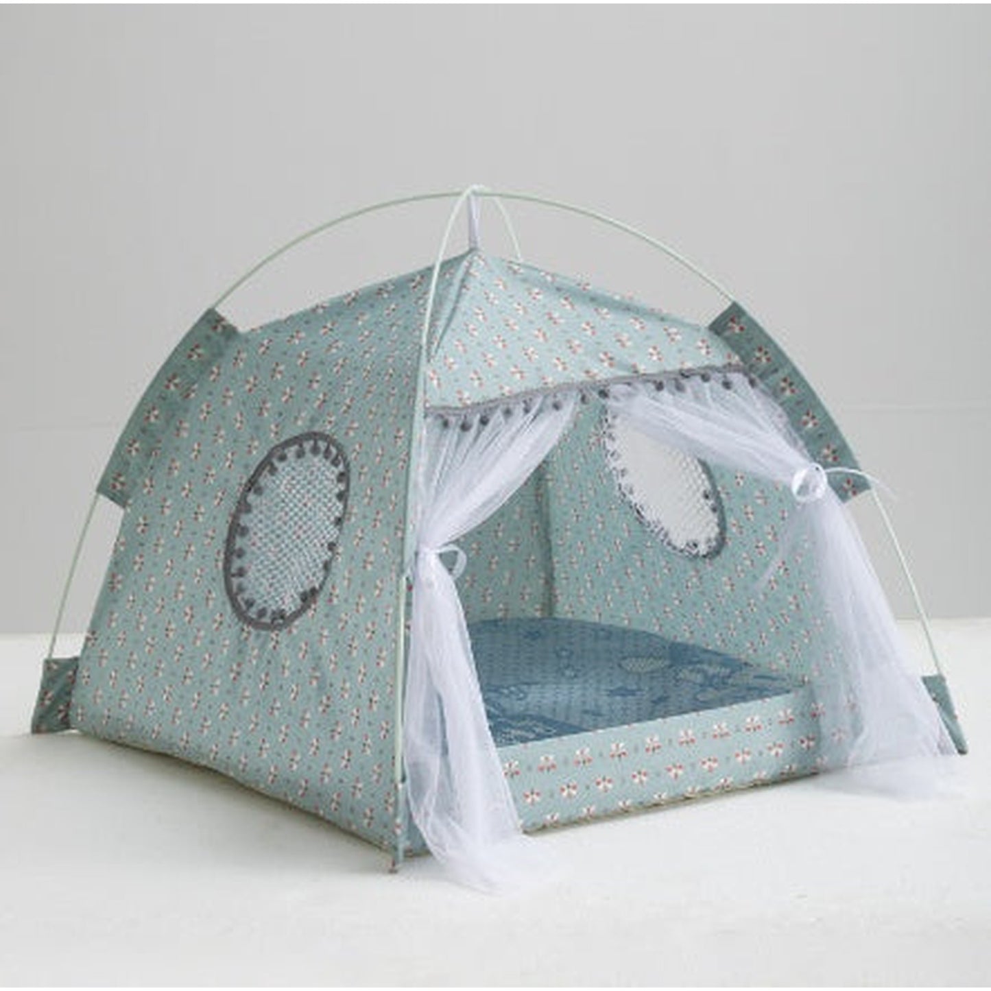 Enclosed Fabric Cat Tent Bed with Cherry & Green Patterns