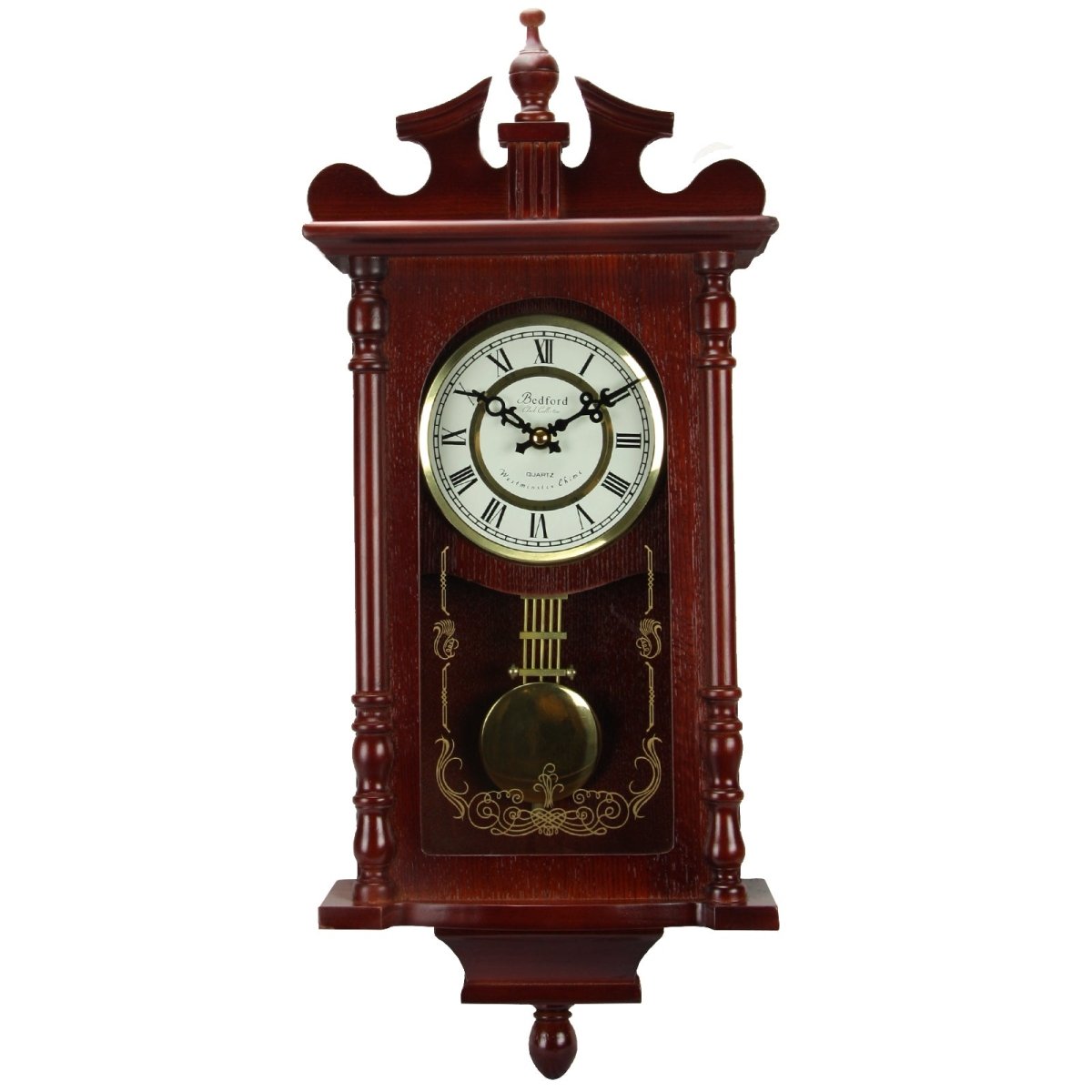 Bedford Collection 25 Inch Wall Clock with Pendulum and Chime in Dark Redwood Oak Finish - Asmota