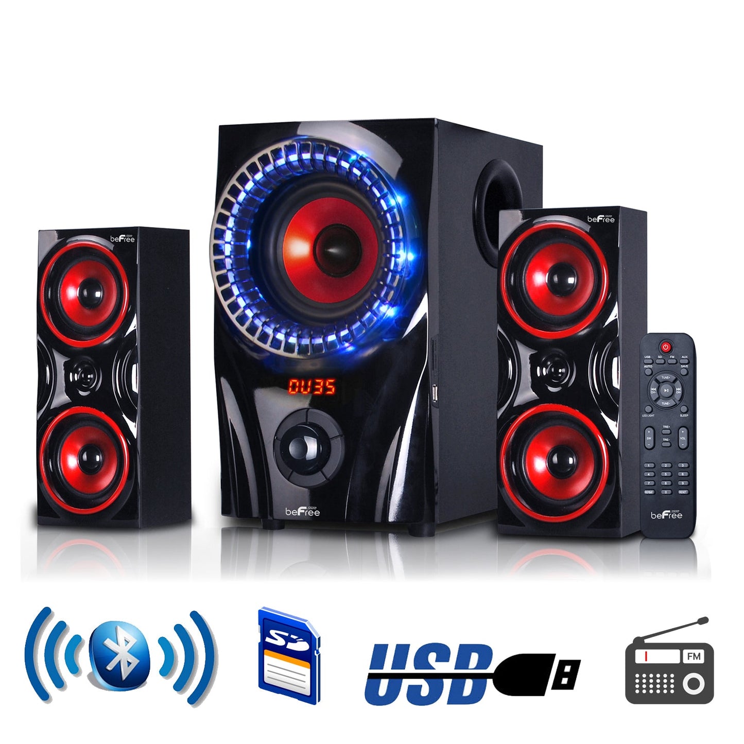 beFree Sound 2.1 Channel Bluetooth Surround Sound Speaker System in Red - Asmota