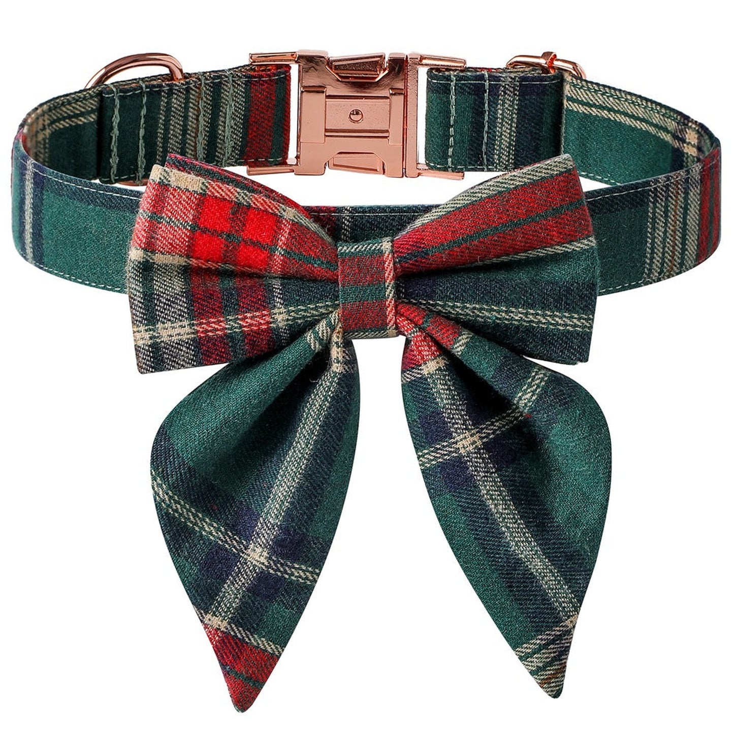 Christmas Dog Collar with Rose Gold Buckle and Plaid Pattern
