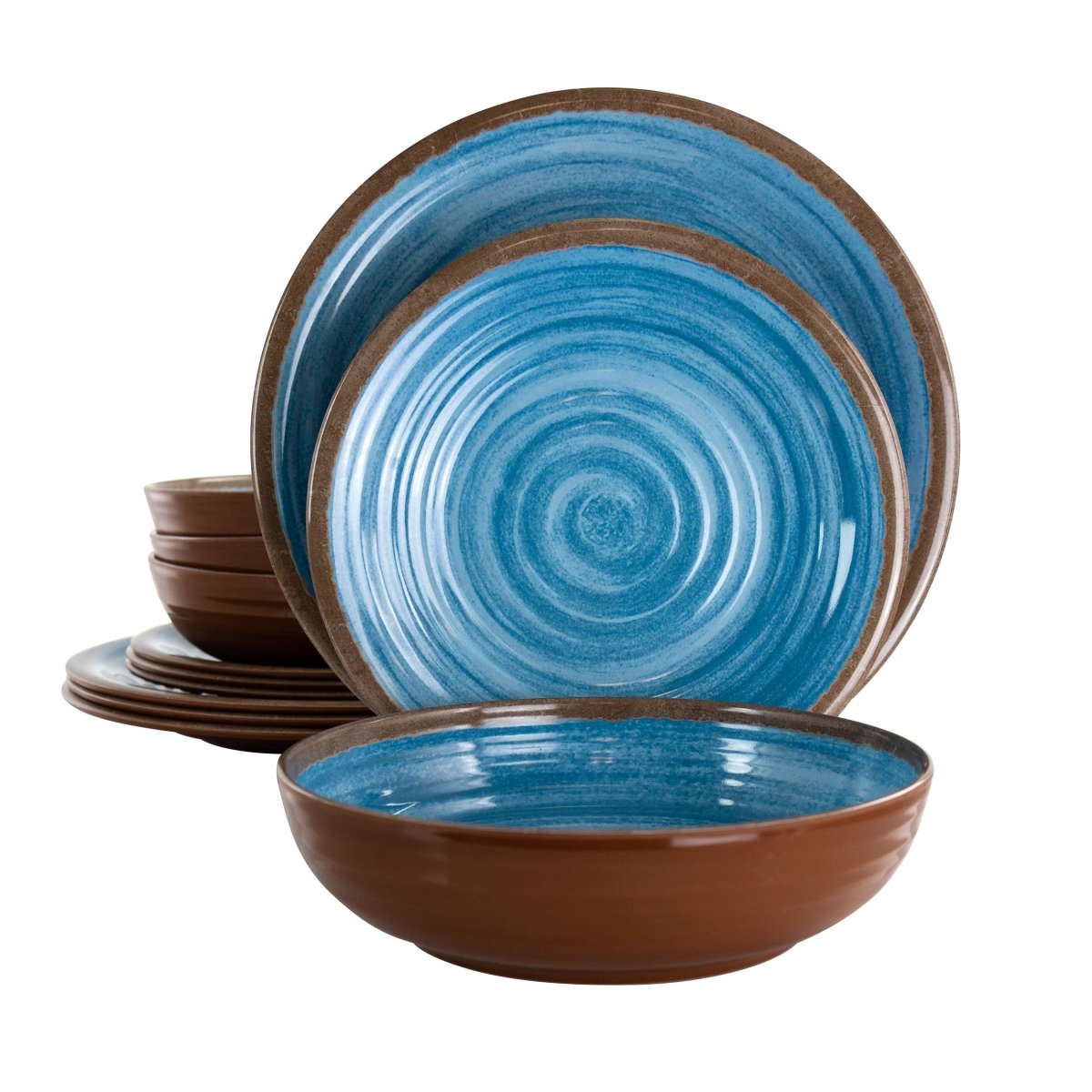 Elama Rippled Tides 12 Piece Lightweight Melamine Dinnerware Set in Blue - Asmota