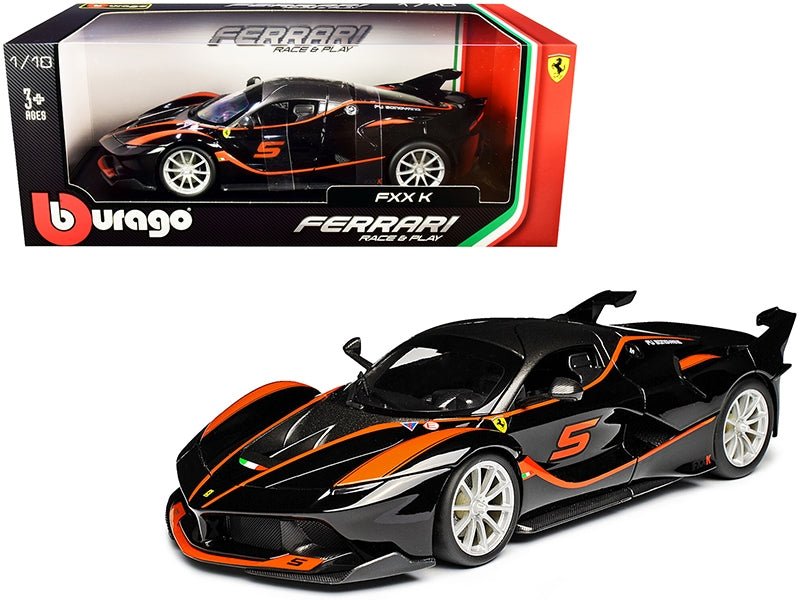 Ferrari FXX - K 5 Fu Songyang Black with Gray Top and Orange Stripes 1/18 Diecast Model Car by Bburago - Asmota
