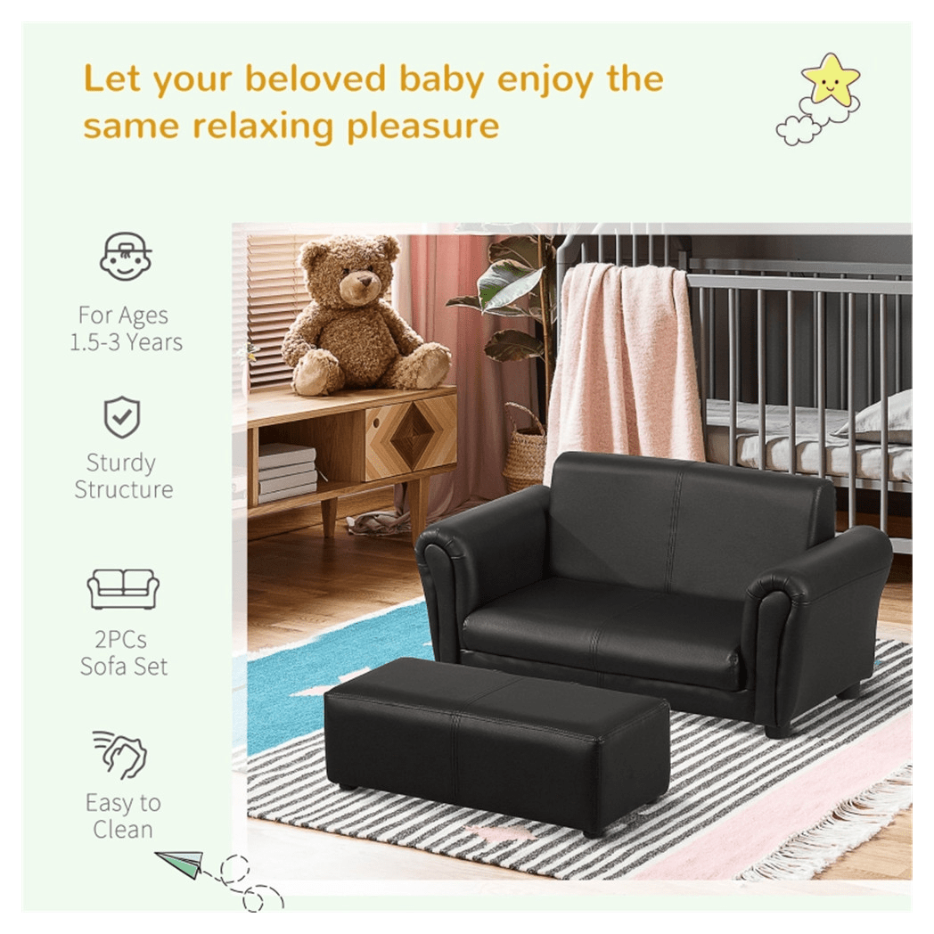 Kids Sofa Set with Footstool - Black - Asmota