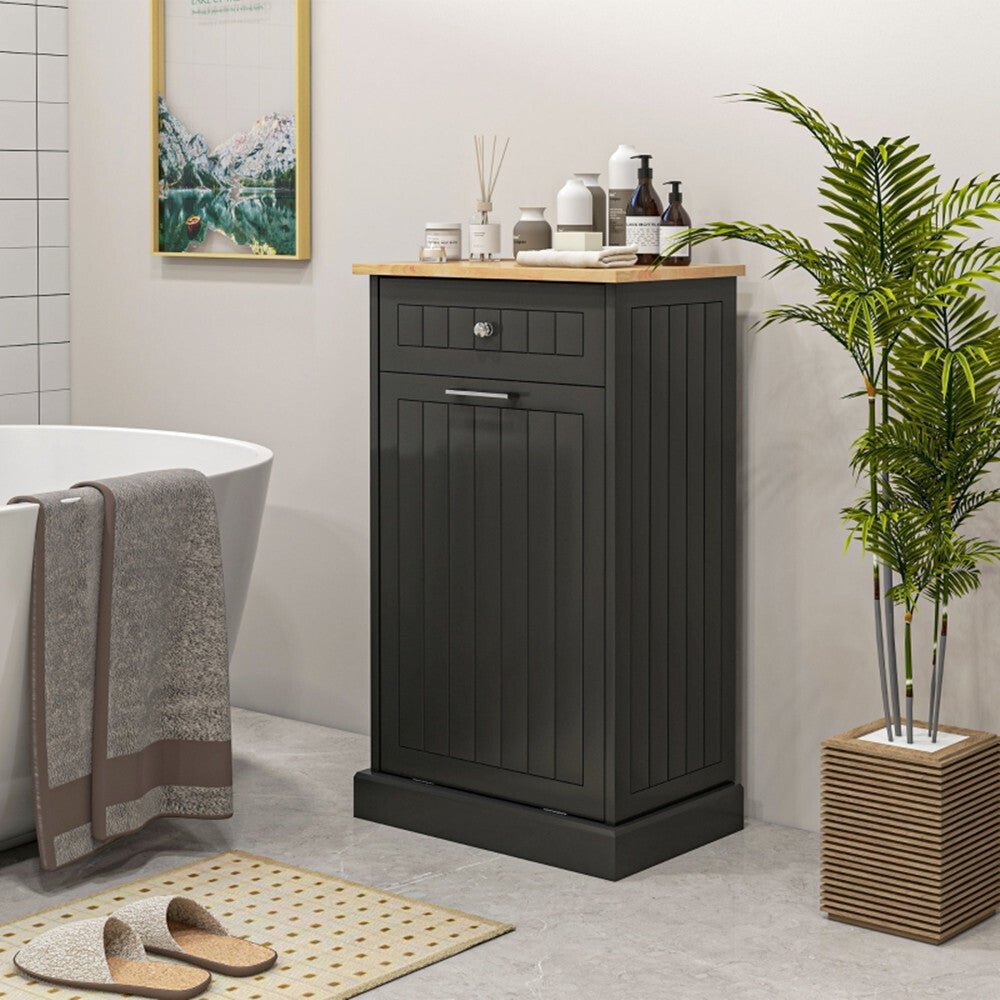 Kitchen Tilt Out Trash Bin Cabinet Free Standing Recycling Cabinet Trash Can Holder With Drawer, Black - AS - Asmota