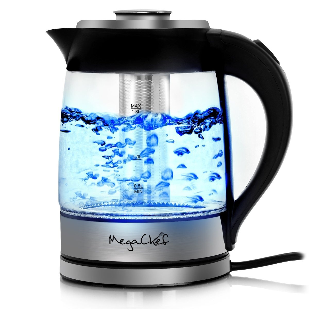 MegaChef 1.9 Quart Cordless Glass and Stainless Steel Electric Tea Kettle with Tea Infuser - Asmota