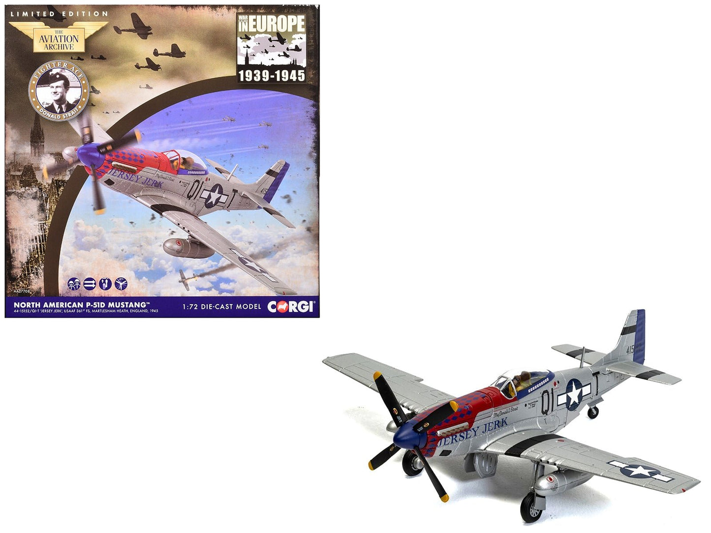 North American P - 51D Mustang Aircraft "Jersey Jerk 361st Fighter Squadron Martlesham Heath" United States Army Air Forces "The Aviation Archive" Series 1/72 Diecast Model by Corgi - Asmota