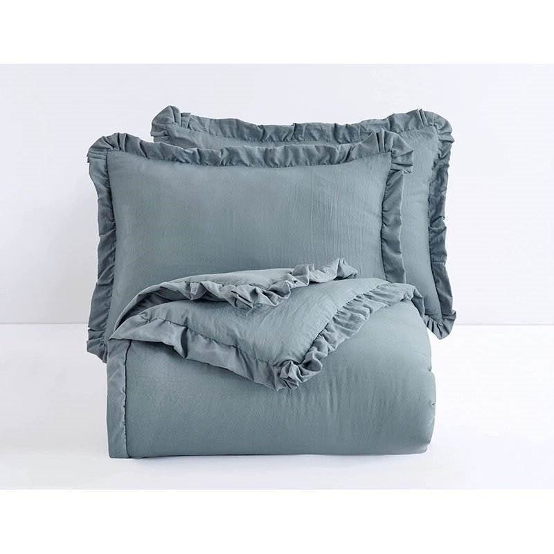 Queen Oversized Blue Ruffled Edge Microfiber Comforter Set - Asmota