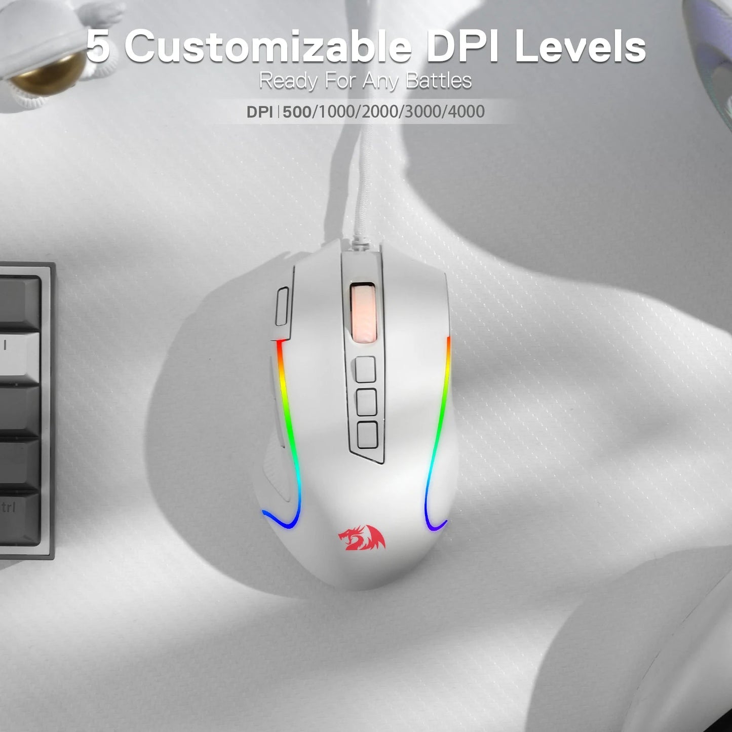 Redragon M612 Predator RGB Gaming Mouse 8000 DPI Wired Optical with 11 Programmable Buttons, White - Asmota