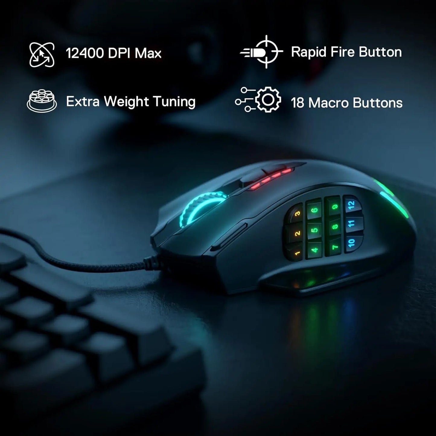Redragon M908 RGB Backlight LED USB Wired Gaming Mouse 18 Programmable Mouse Buttons 12400 DPI - Asmota