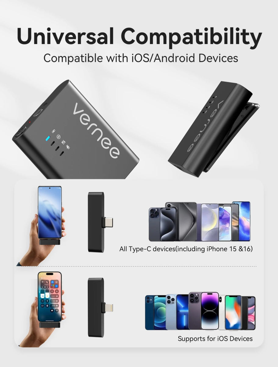 vernee M1 Wireless Lavalier Microphone with Charging Case Short Video Recording Mini Mic for iPhone/iPad/Android - Asmota