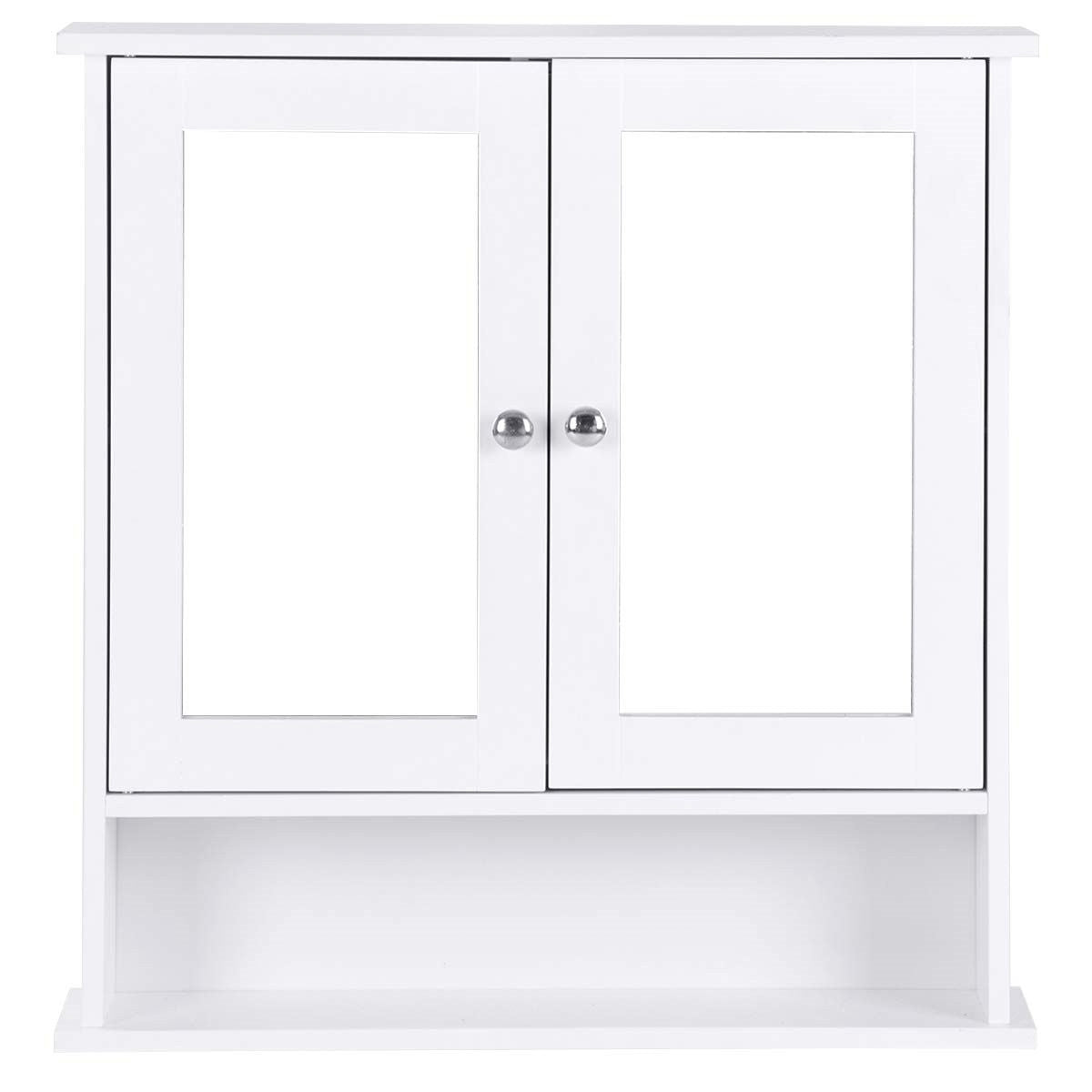 White Bathroom Wall Medicine Cabinet with Mirror and Open Shelf - Asmota