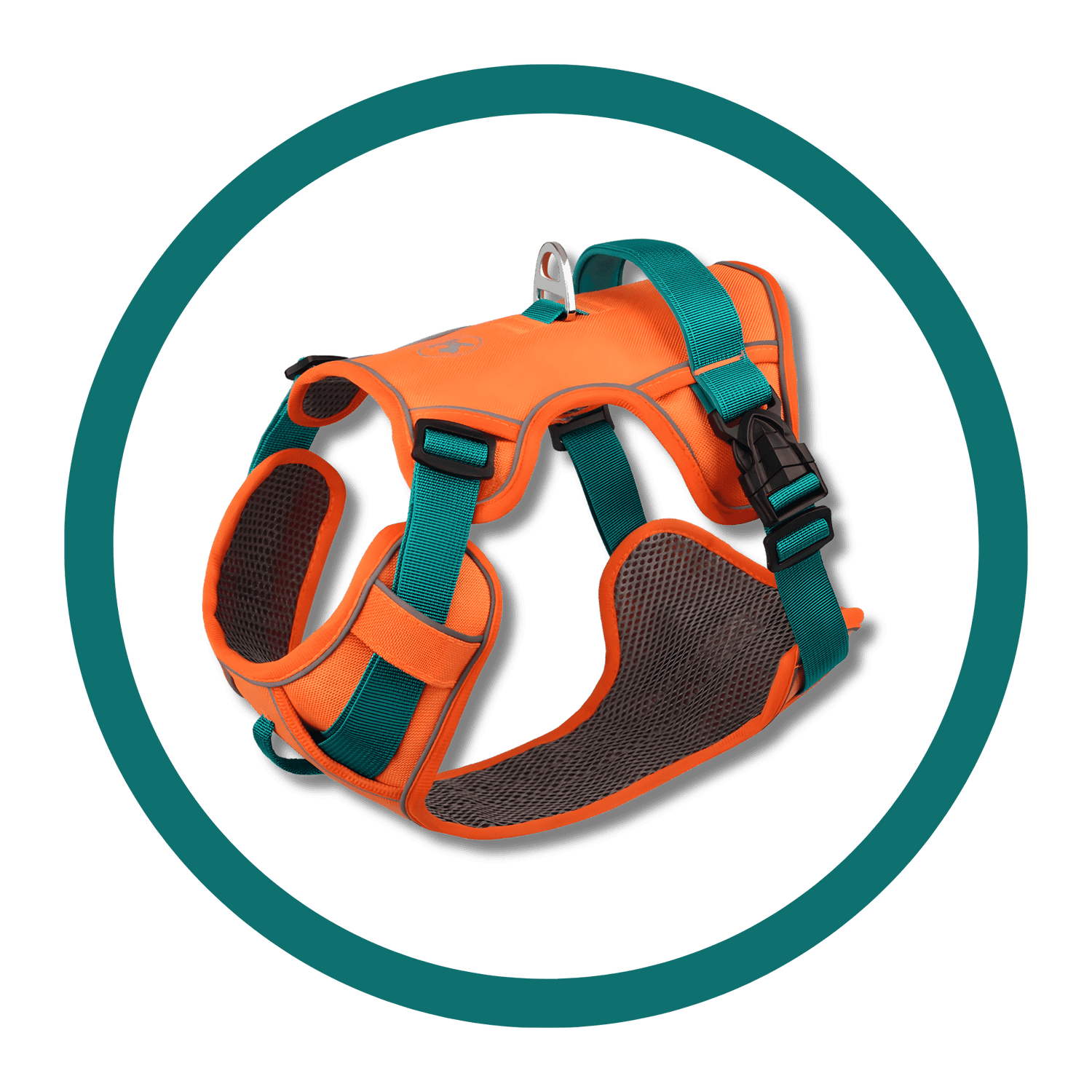Heavy duty harness in orange with adjustable straps and breathable material for optimal pet comfort.
