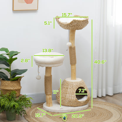 41" Cat Tree for Indoor Cats with Wooden Cat Scratching Posts, Cat Condo, Cat Beds & Toy Balls, Cream White