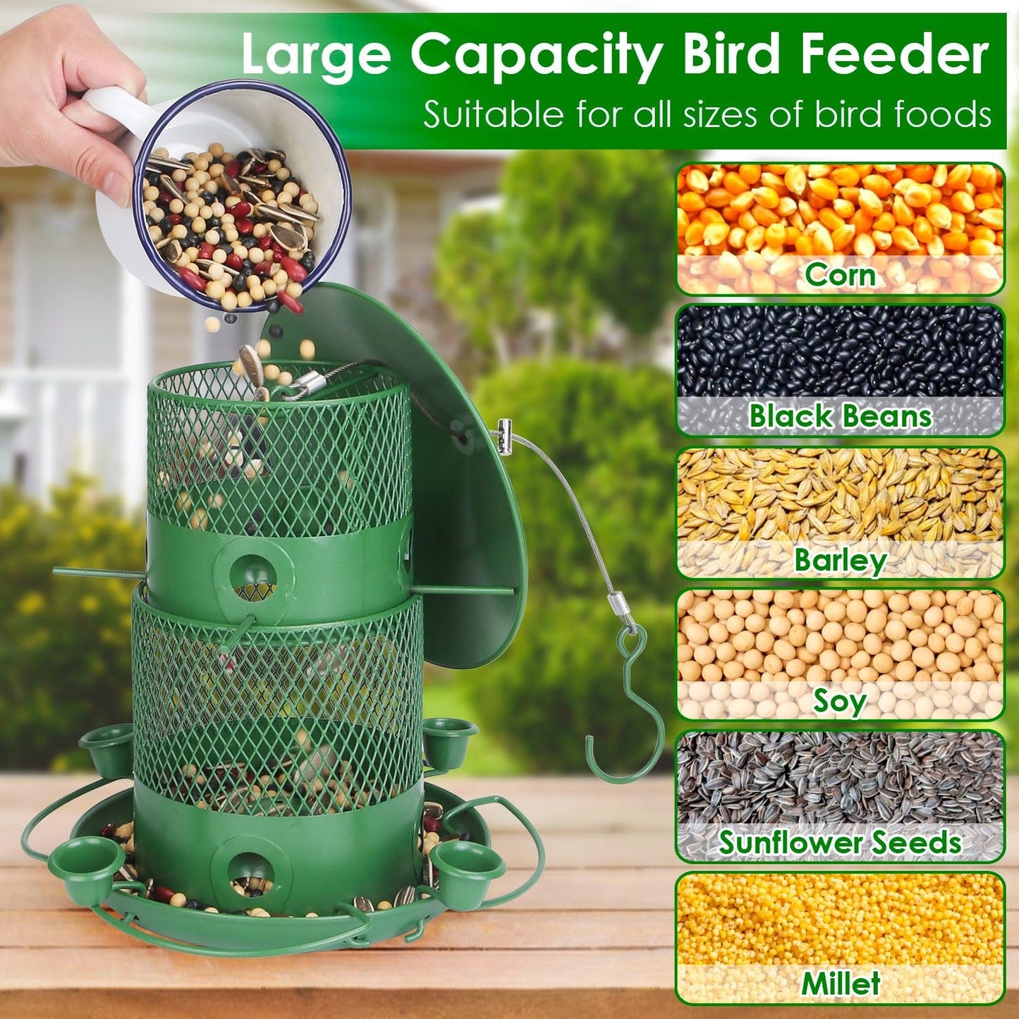 Green Metal Squirrel-Proof Wild Bird Feeder with 360° Perches