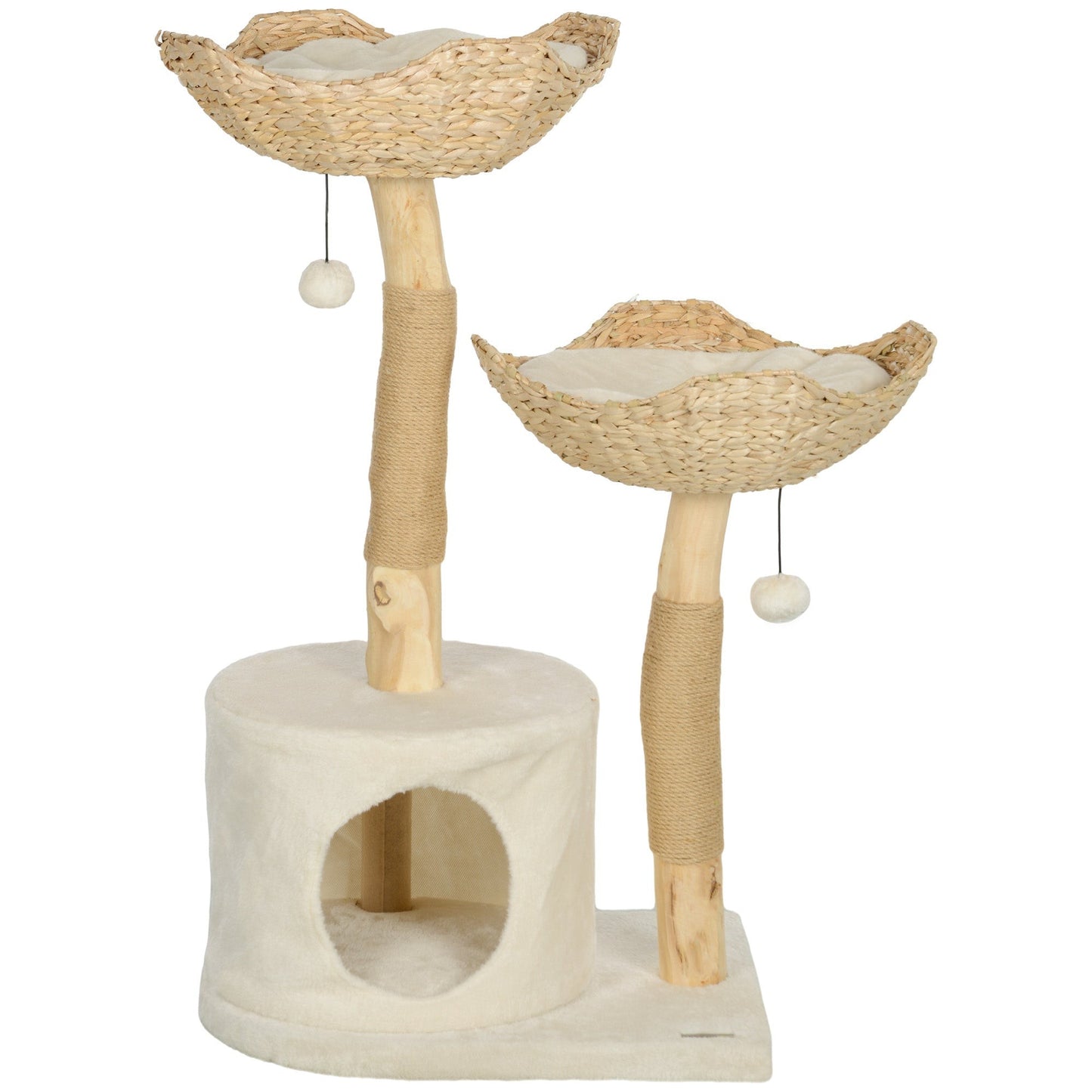 37 Inch Cream White Cat Tree with Wooden Scratching Posts & Condo Beds