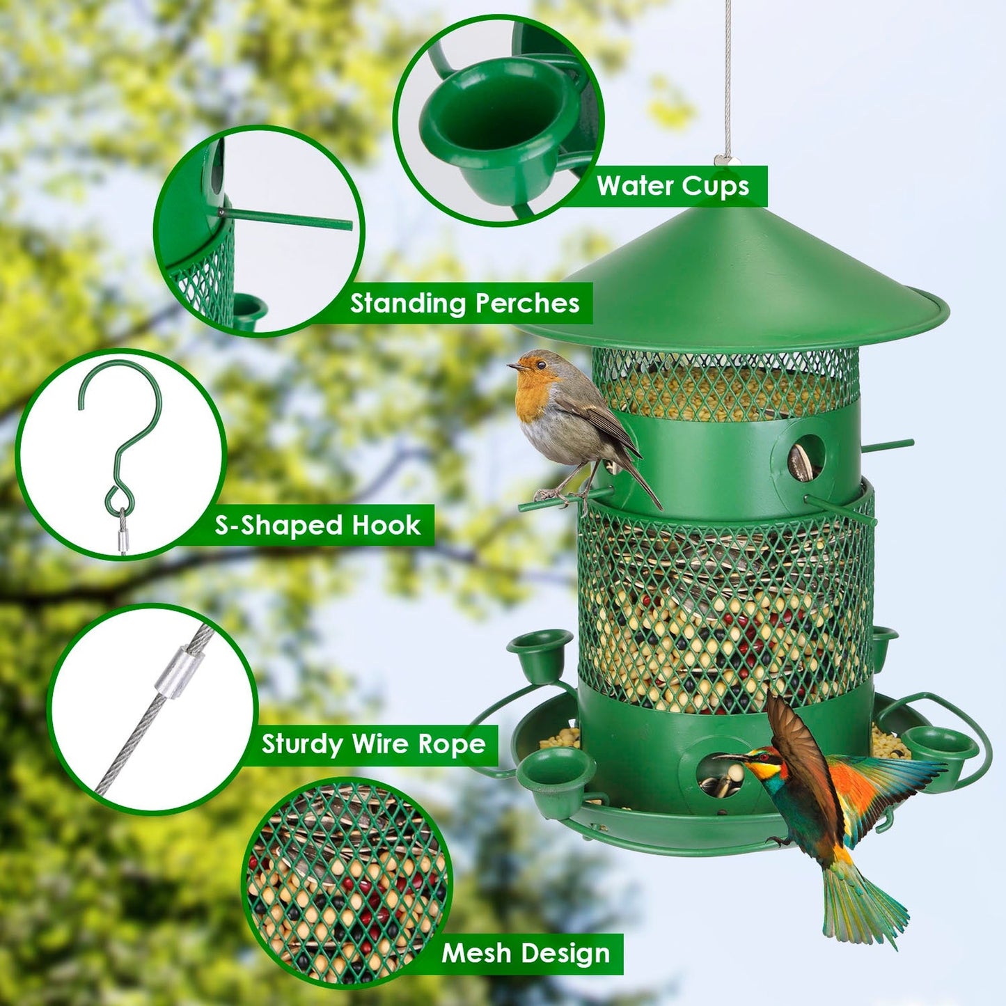 Green Metal Squirrel-Proof Wild Bird Feeder with 360° Perches