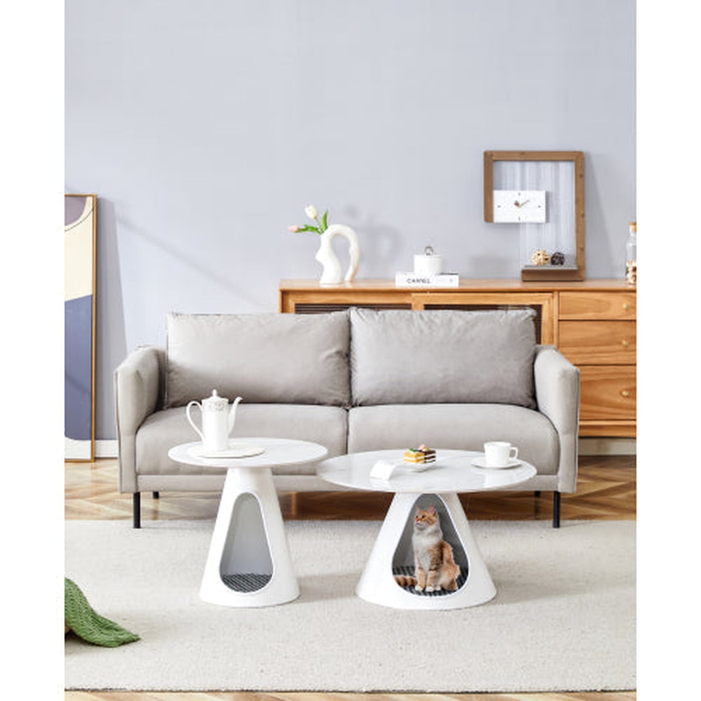 Set of 2 Cat Beds with White Marble Top and Steel Base