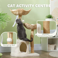 37 Inch Cream White Cat Tree with Wooden Scratching Posts & Condo Beds