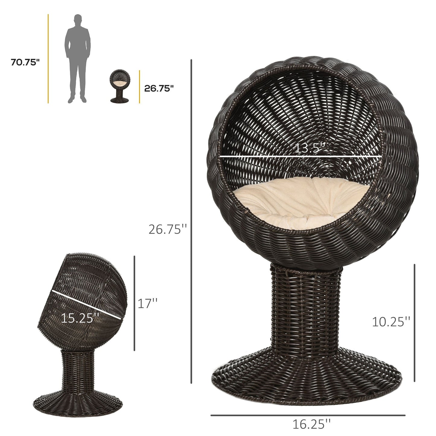 Elevated Rotatable Egg-Shaped Cat Bed with Woven Grass Cushion