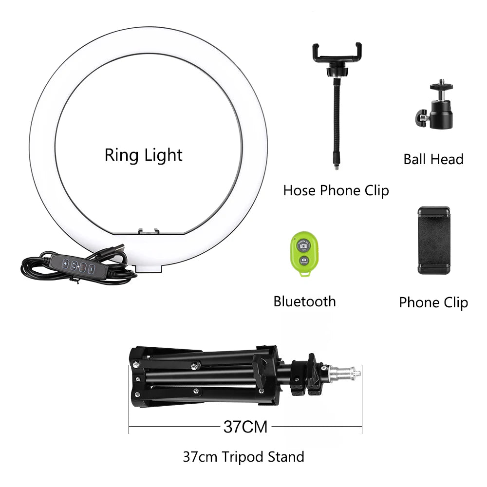 10inch LED Ring Light Photography Selfie Ring Lighting with Tripod Stand for Smartphone Youtube Makeup Video Studio Ring Lamp - Asmota