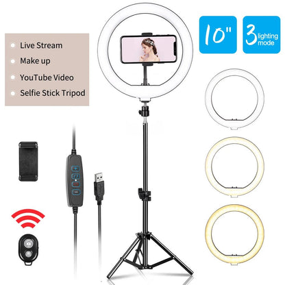 10inch LED Ring Light Photography Selfie Ring Lighting with Tripod Stand for Smartphone Youtube Makeup Video Studio Ring Lamp - Asmota