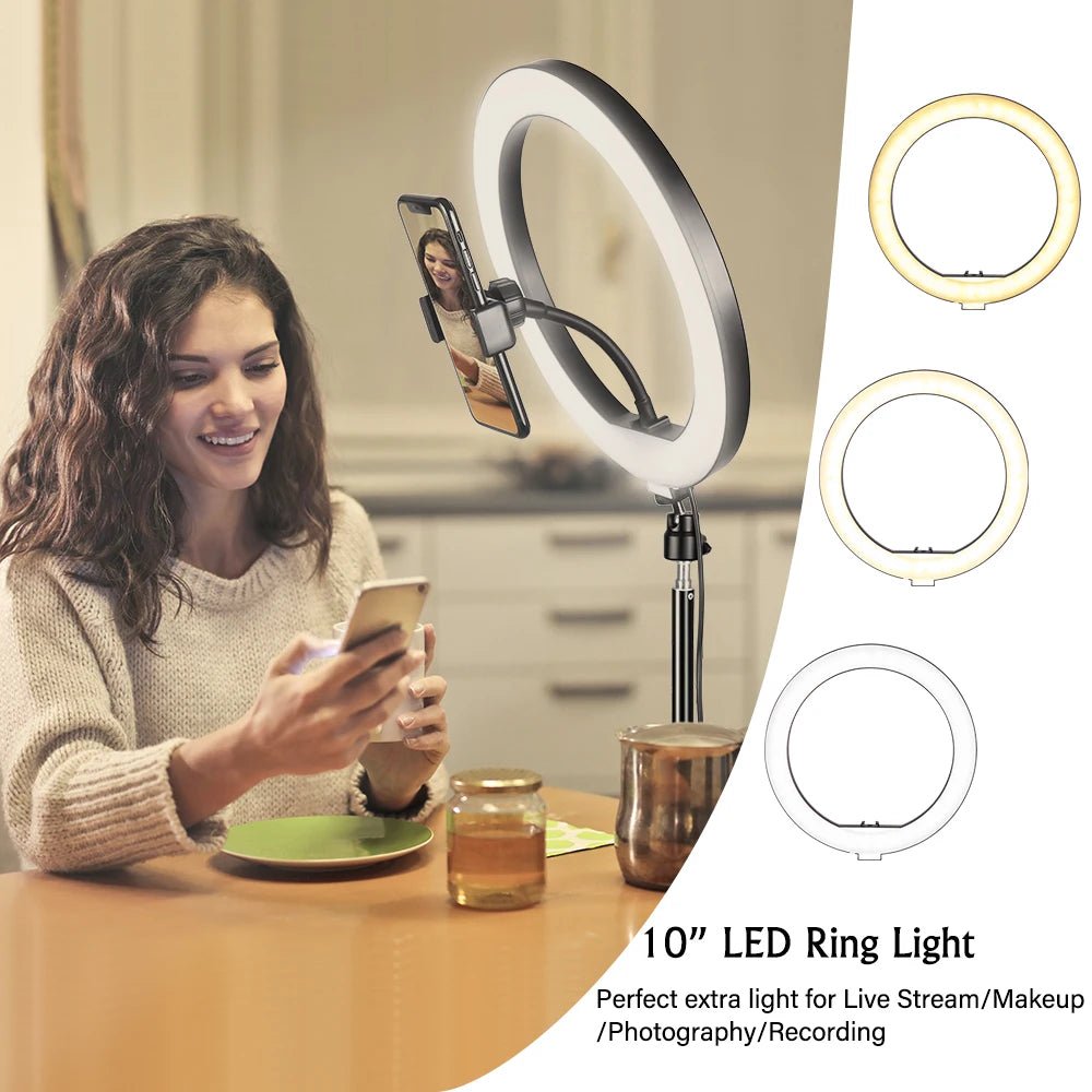 10inch LED Ring Light Photography Selfie Ring Lighting with Tripod Stand for Smartphone Youtube Makeup Video Studio Ring Lamp - Asmota