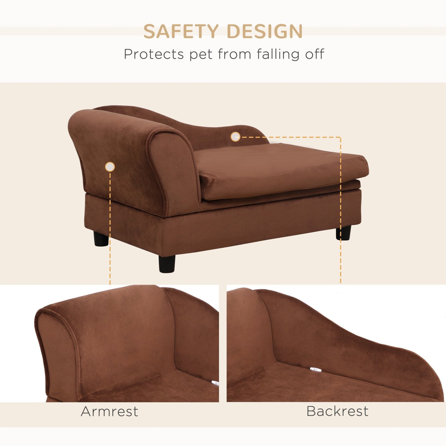 Brown Fabric Dog Sofa Bed Couch with Storage 740x485x165 mm