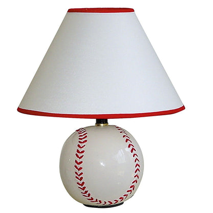 12" White and Red Ceramic Baseball Sports Table Lamp With White and Red Empire Shade - Asmota