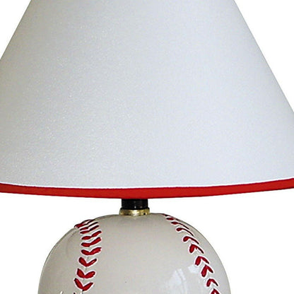 12" White and Red Ceramic Baseball Sports Table Lamp With White and Red Empire Shade - Asmota