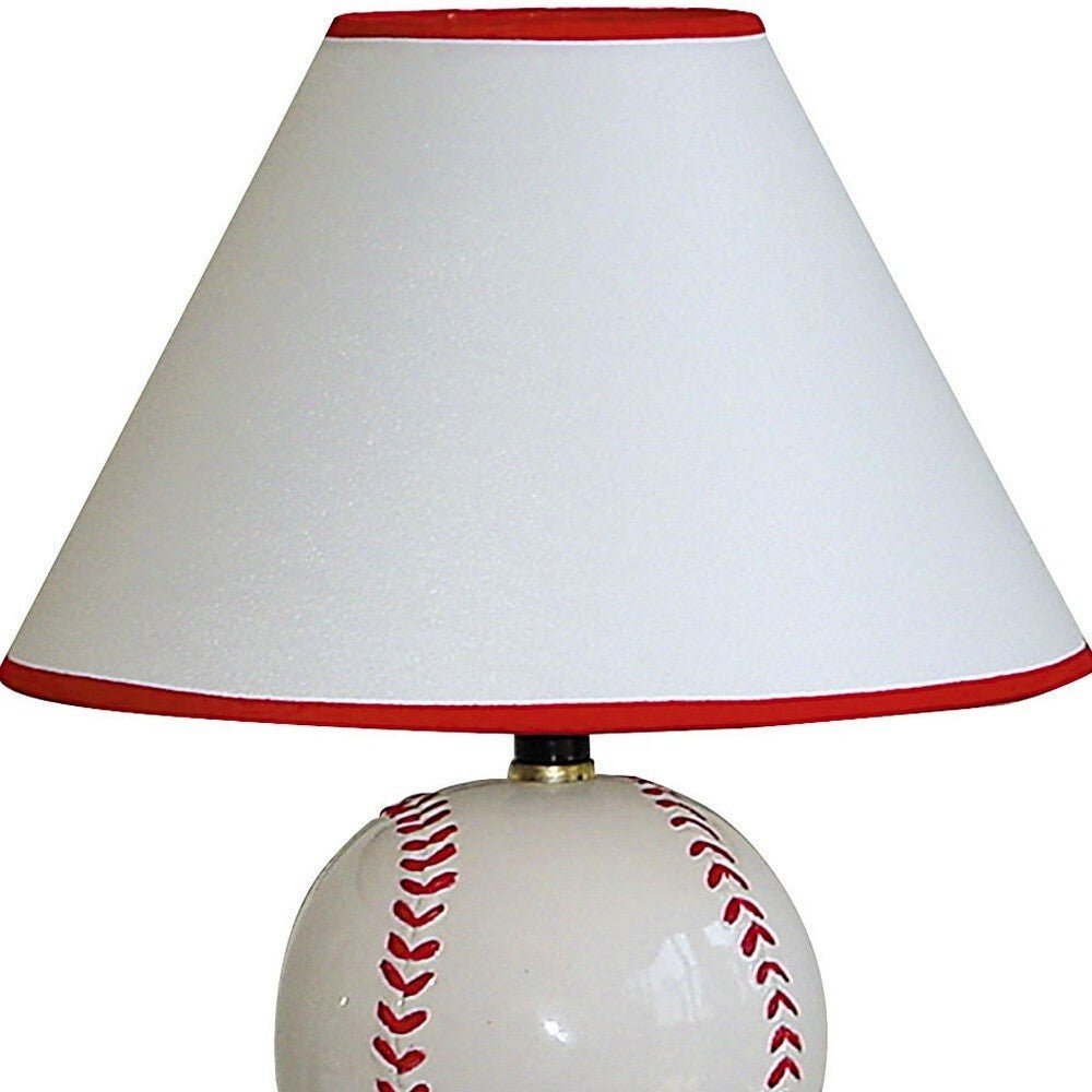 12" White and Red Ceramic Baseball Sports Table Lamp With White and Red Empire Shade - Asmota
