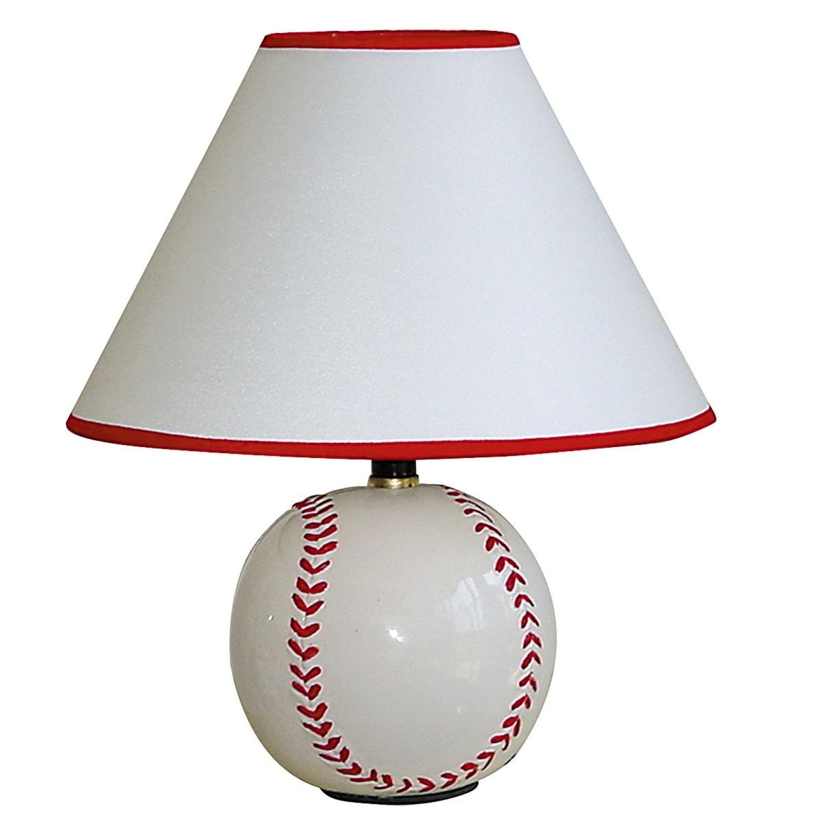 12" White and Red Ceramic Baseball Sports Table Lamp With White and Red Empire Shade - Asmota