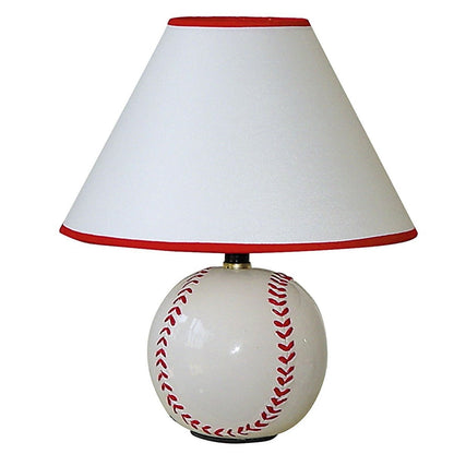 12" White and Red Ceramic Baseball Sports Table Lamp With White and Red Empire Shade - Asmota
