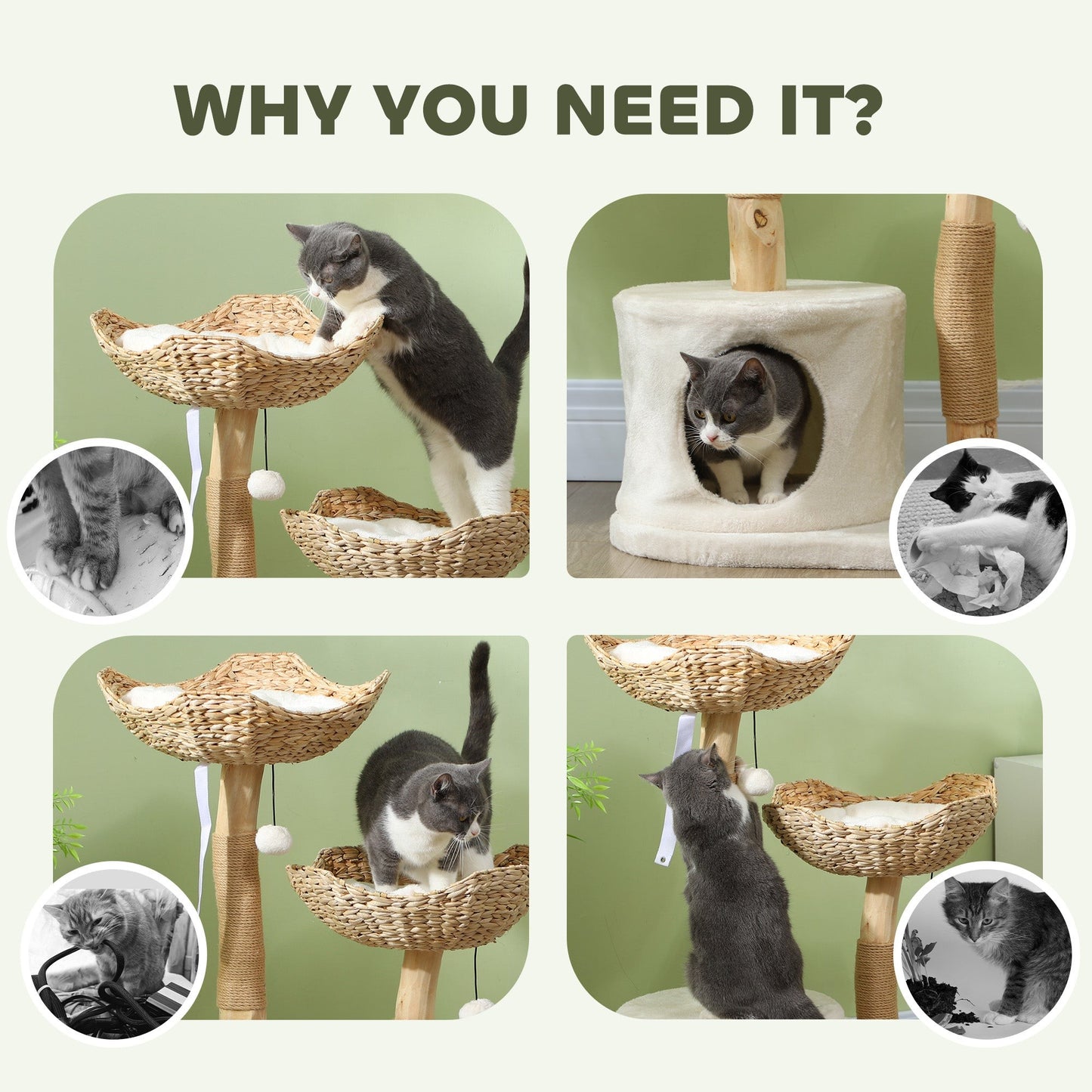 37 Inch Cream White Cat Tree with Wooden Scratching Posts & Condo Beds