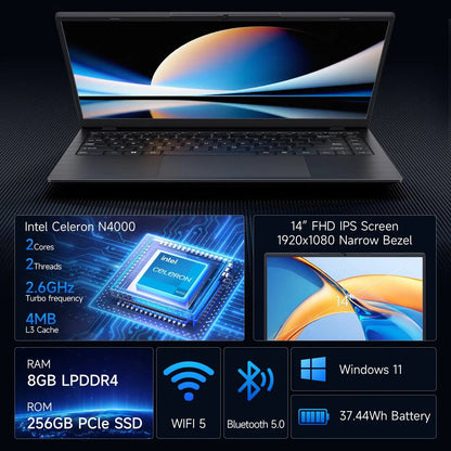 14" Laptop Computer 8GB RAM 256GB SSD Intel FHD IPS Display Fingerprint Wi - Fi 5 Windows 11 Laptop Business - Asmota