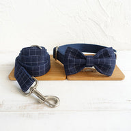 Bow Pattern Blue Suit Plaid Nylon Dog Collar and Leash Set