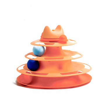 Plastic Cat Playing Tower with Multi-Level Tracks and Feathers