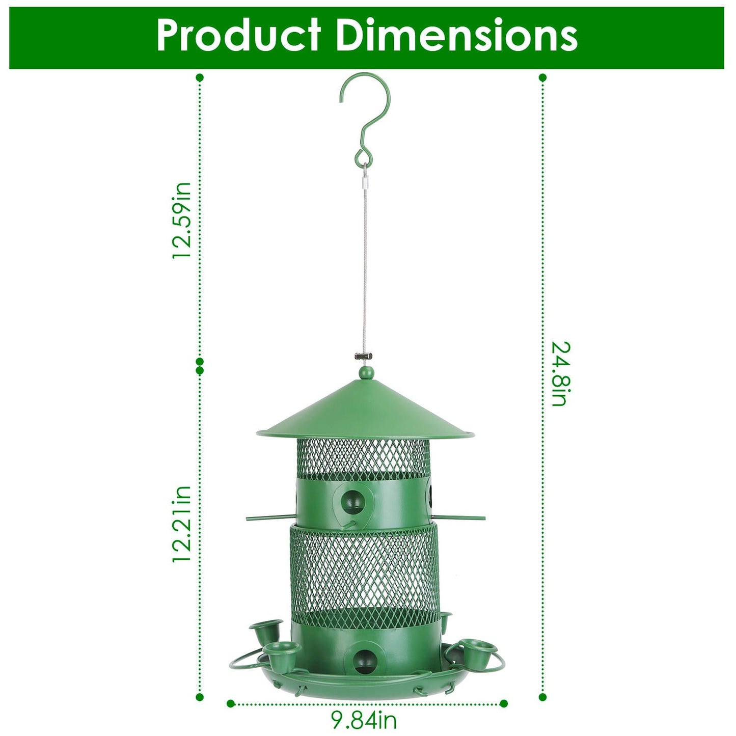 Green Metal Squirrel-Proof Wild Bird Feeder with 360° Perches