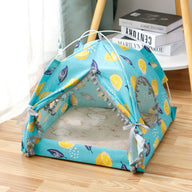 Enclosed Fabric Cat Tent Bed with Cherry & Green Patterns