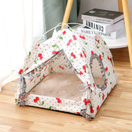 Enclosed Fabric Cat Tent Bed with Cherry & Green Patterns