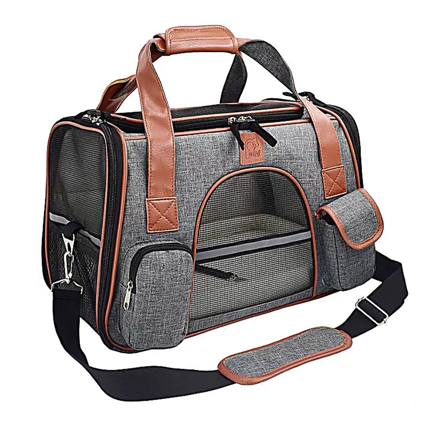 Cat Carrier Bag with Fabric Body and Leather Handles