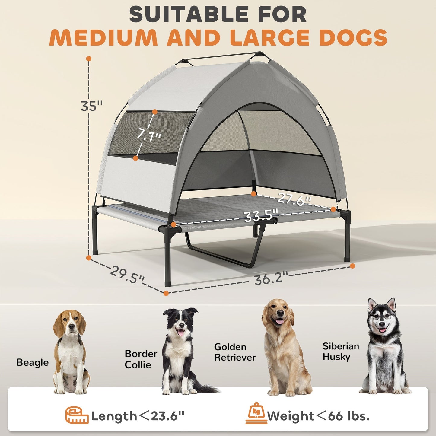 Elevated Light Gray Dog Bed with Removable Canopy & Cooling Pad