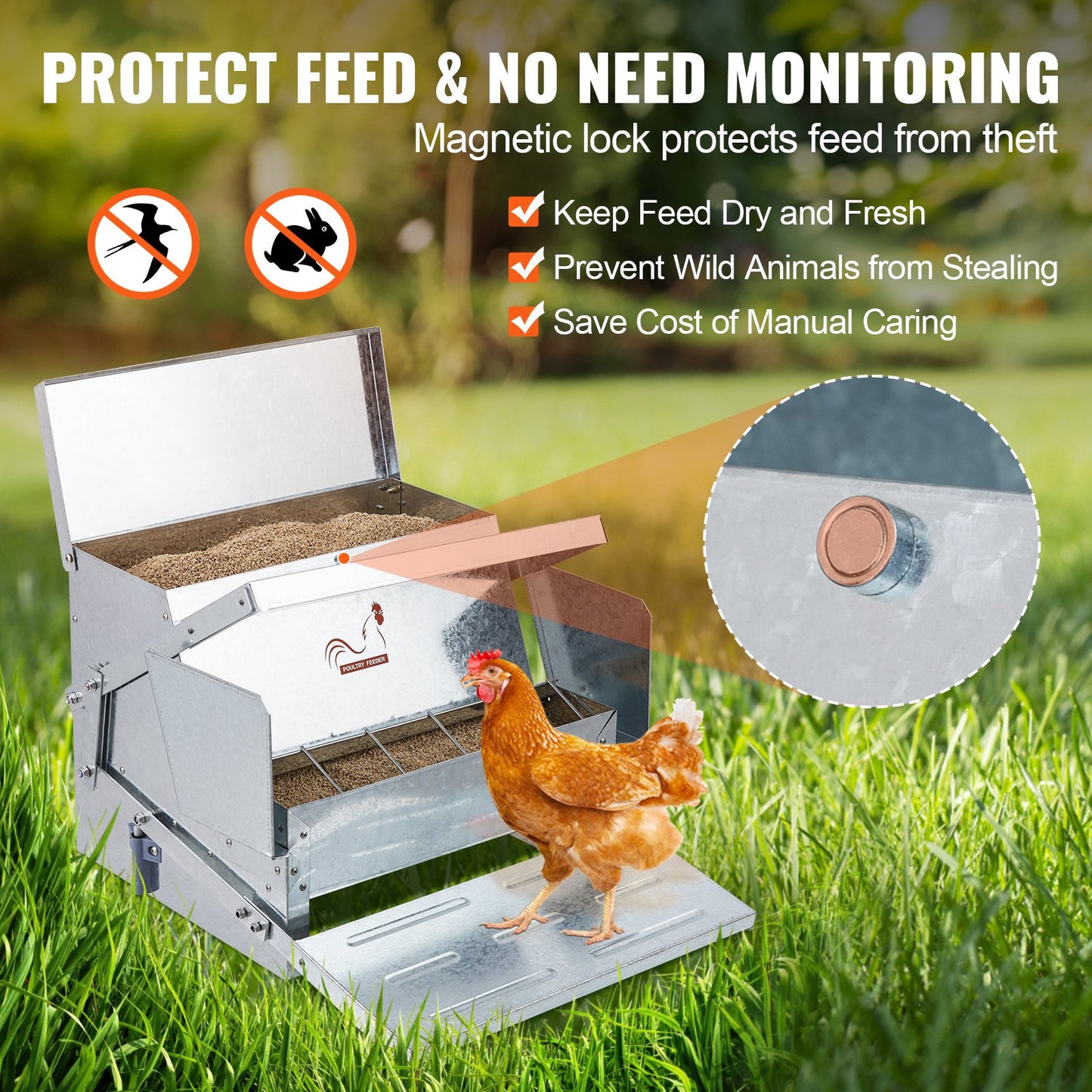 Automatic Chicken Feeder, 11.3kg Capacity Feeds 10 Chickens Up To 11 Days, Galvanized Steel Poultry Feeder